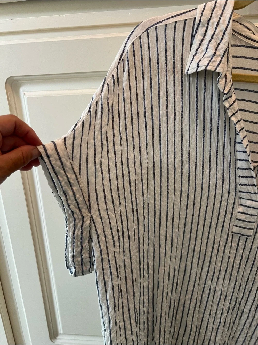 Jane and Delancey White Top with Blue Pinstripes V-Neck Tunic. 1x - Picture 3 of 6